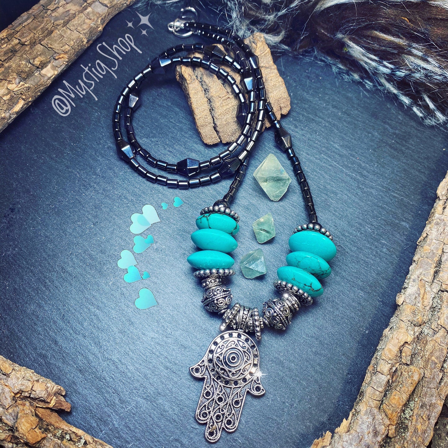 💙Turquoise & Hematite Hamsa Necklace